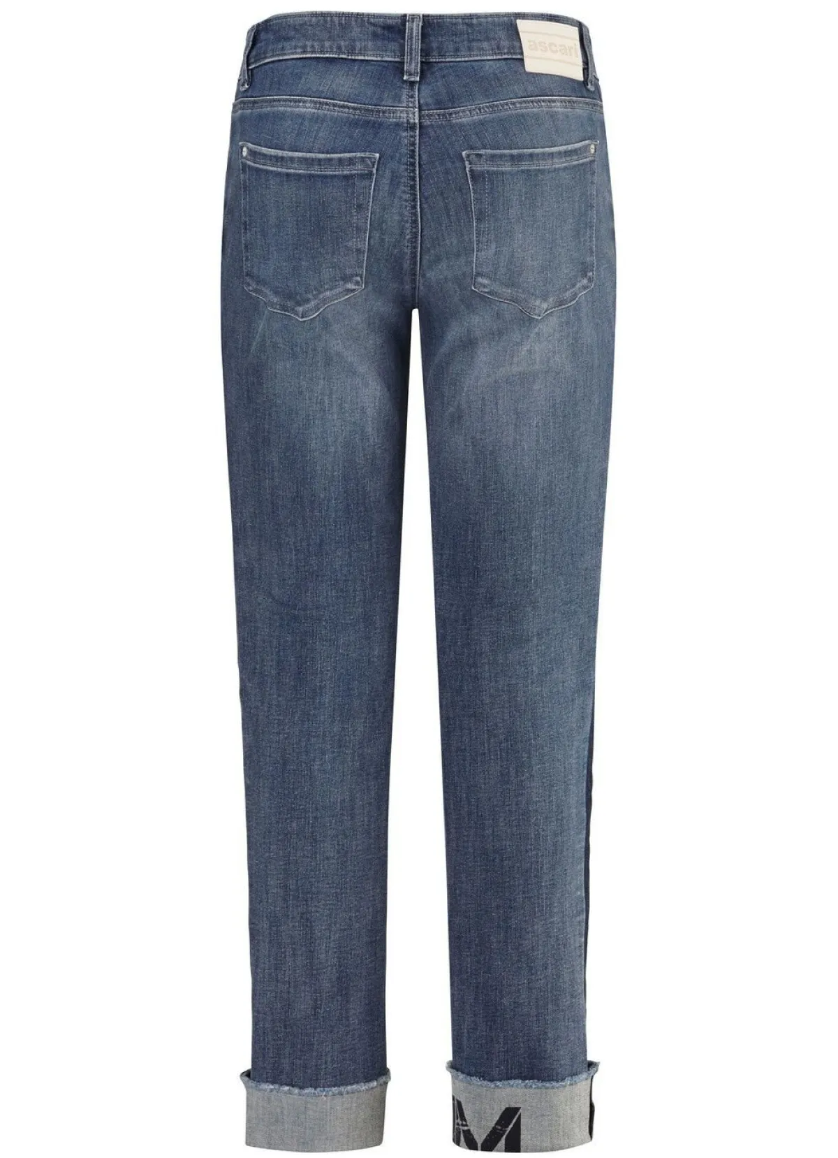 New ASCARI Jeans mit Fransensaum und Schriftzug auf einem Bein JEANSBLAU