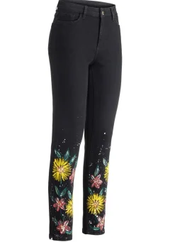 Sale BADER Jeans mit handbemalten, floralen Motiven SCHWARZ
