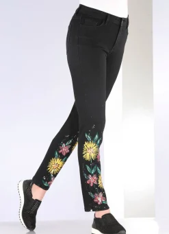Sale BADER Jeans mit handbemalten, floralen Motiven SCHWARZ