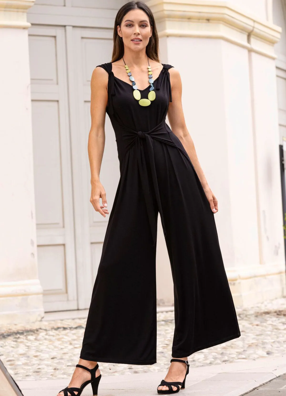 laurakent Jumpsuit mit angenähtem Hüftbindegürtel in 3 Farben SCHWARZ