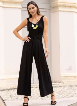 laurakent Jumpsuit mit angenähtem Hüftbindegürtel in 3 Farben SCHWARZ