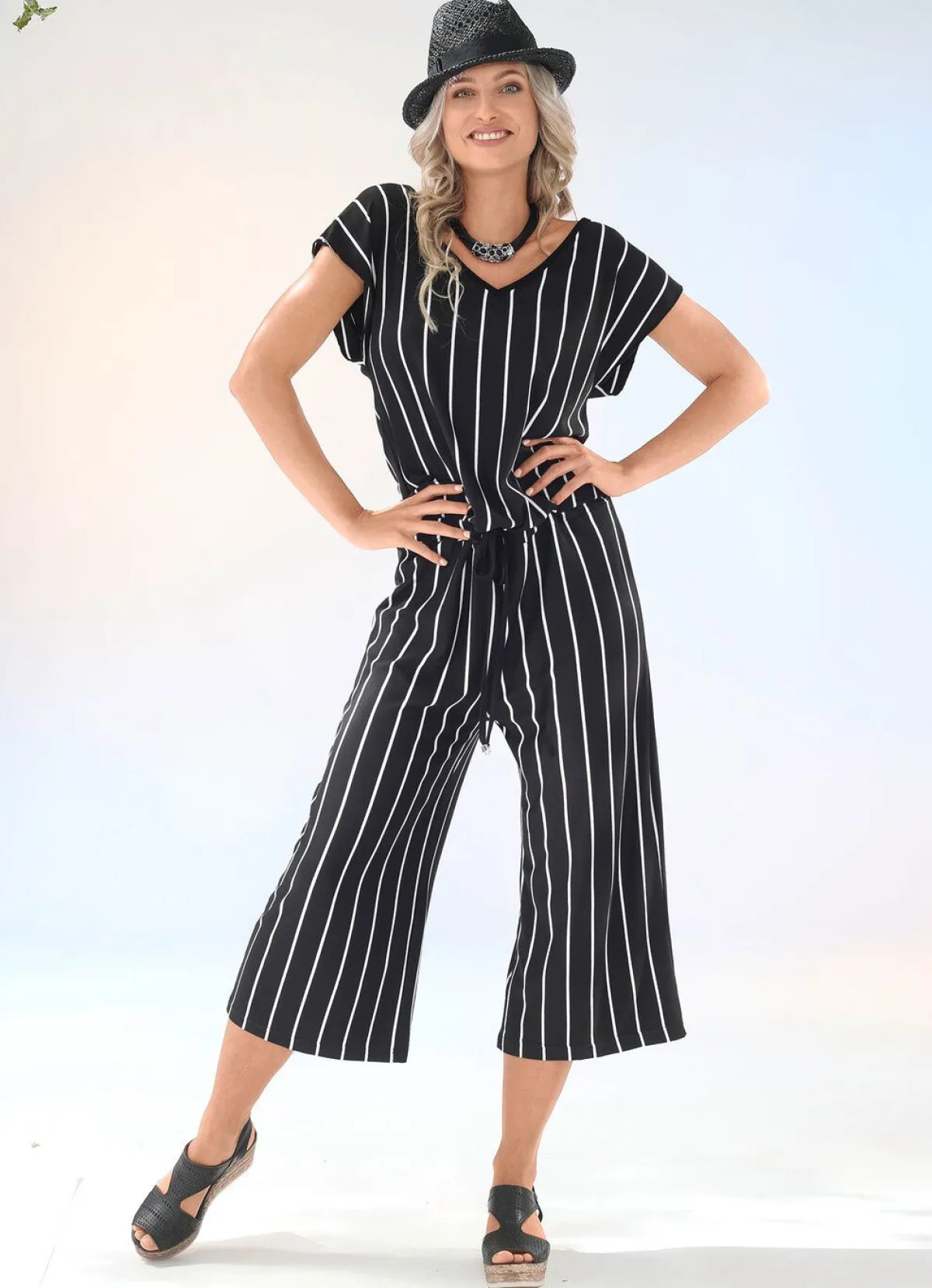 Outlet BADER Jumpsuit mit Streifendessin allover SCHWARZ-ECRU