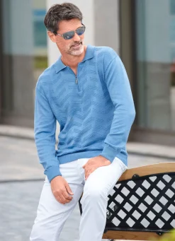 Best BADER Klassischer Polopullover mit Strukturdessin MITTELBLAU MELIERT