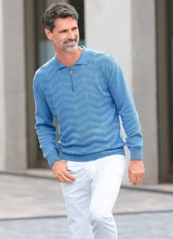 Best BADER Klassischer Polopullover mit Strukturdessin MITTELBLAU MELIERT