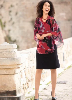 BADER Kleid in angesagter Two-in-One-Optik SCHWARZ-ROT-BORDEAUX-BUNT
