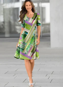 KLAUS MODELLE MADE IN GERMANY Kleid in schwingender Form GRÜN-ECRU-BUNT