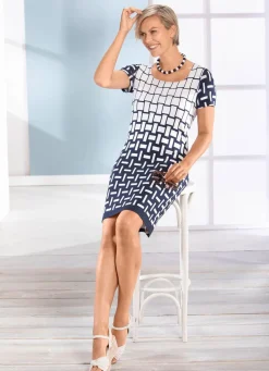 Best BADER Kleid mit ausdruckstarkem Bordürendruck MARINE-WEISS