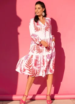 Best laurakent Kleid mit Bindeband am Ausschnitt ECRU-KORALLE-PINK-BUNT