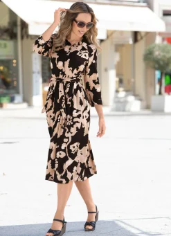 New BADER Kleid mit Bindegürtel SCHWARZ-TAUPE-BEIGE