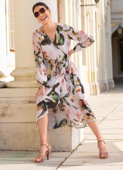 Online laurakent Kleid mit Bindegürtel ECRU-ROSÉ-OLIV-BUNT