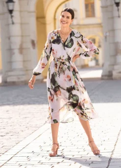 Online laurakent Kleid mit Bindegürtel ECRU-ROSÉ-OLIV-BUNT