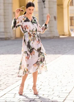 Online laurakent Kleid mit Bindegürtel ECRU-ROSÉ-OLIV-BUNT