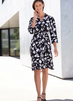 New BADER Kleid mit Bindegürtel und Floraldessin SCHWARZ-WEISS