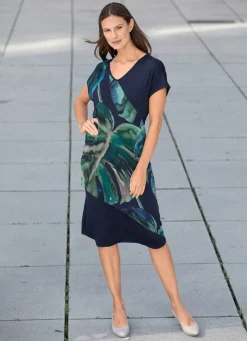 Outlet BADER Kleid mit Chiffon-Besatz MARINE-GRÜN-BUNT