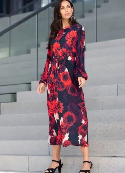 Tizia Kleid mit Floral-Dessin ROT-SCHWARZ-SAND-BUNT