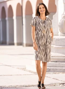 Discount BADER Kleid mit kurzem Schlingenknopfverschluss BEIGE-BRAUN-BUNT