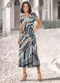 Outlet KLAUS MODELLE MADE IN GERMANY Kleid mit raffinierter Knotentechnik OLIV-SAND-AUBERGINE-BUNT