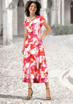 Hot KLAUS MODELLE MADE IN GERMANY Kleid mit raffinierter Knotentechnik KORALLE-PINK-ECRU-BUNT