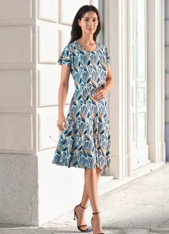 New KLAUS MODELLE MADE IN GERMANY Kleid mit tollem Druck MARINE-ECRU-TAUPE