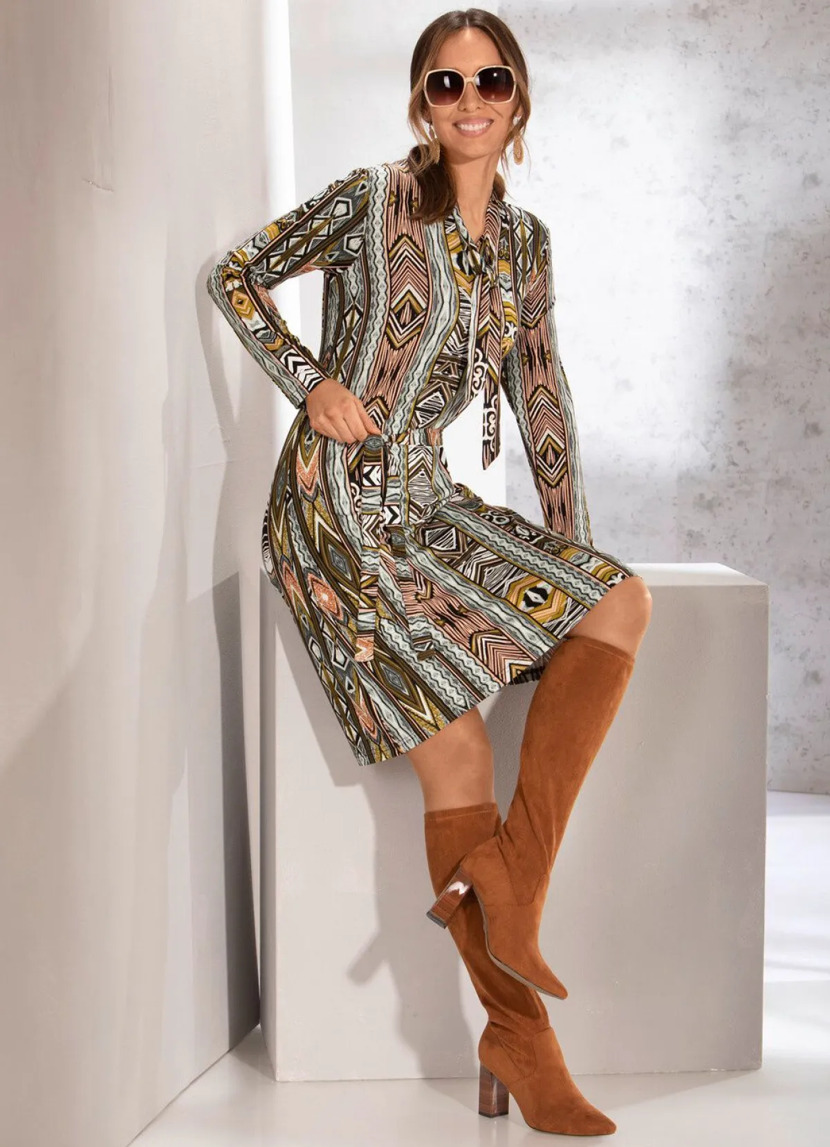 Sale BADER Kleid mit Bindegürtel SCHWARZ-OLIV-BUNT