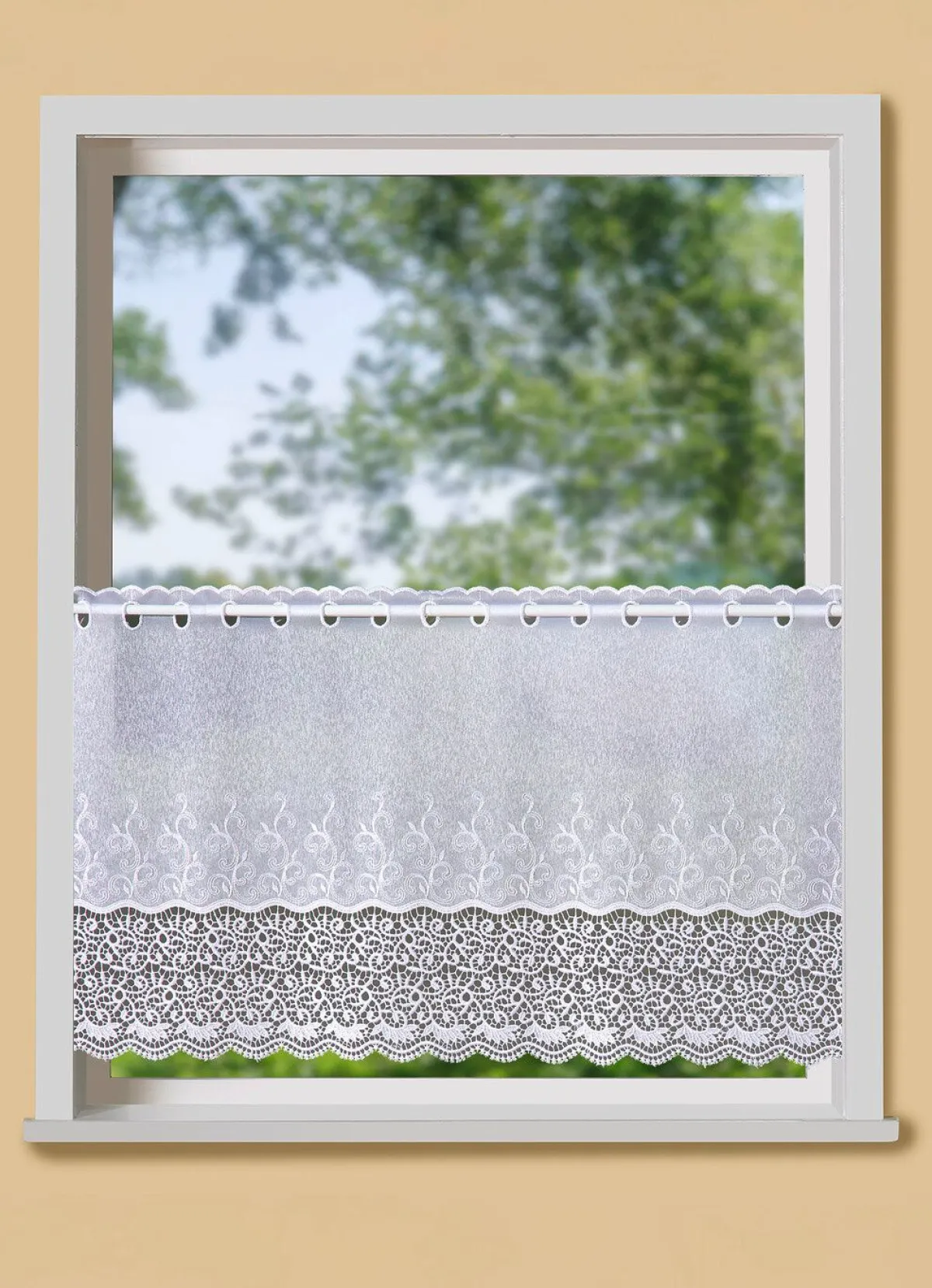 Discount BADER Kleinfenster-Store mit gebogtem Macramé-Abschluss WEISS