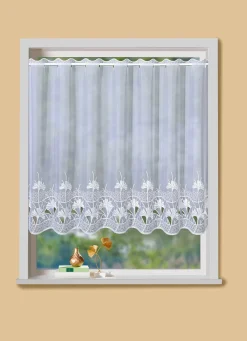 Outlet PLAUENER STICKEREI Kleinfenster-Store mit Ginko-Motiv WEISS