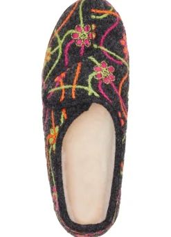 New BADER Klett-Hausschuh mit bunter Blüten-Stickerei ANTHRAZIT-BUNT