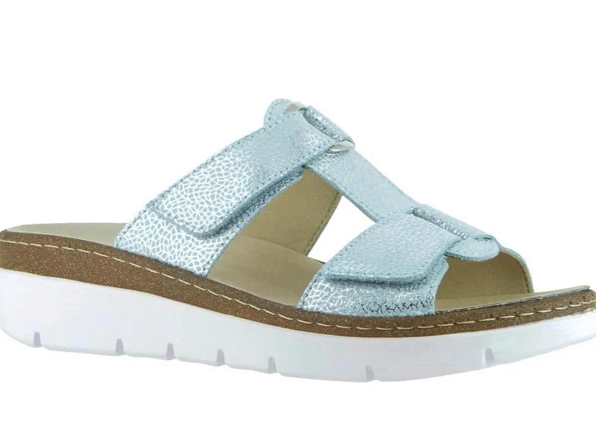 Discount KLAUS MODELLE MADE IN GERMANY Klett-Pantolette "Cara" aus geprägtem Echtleder hellblau