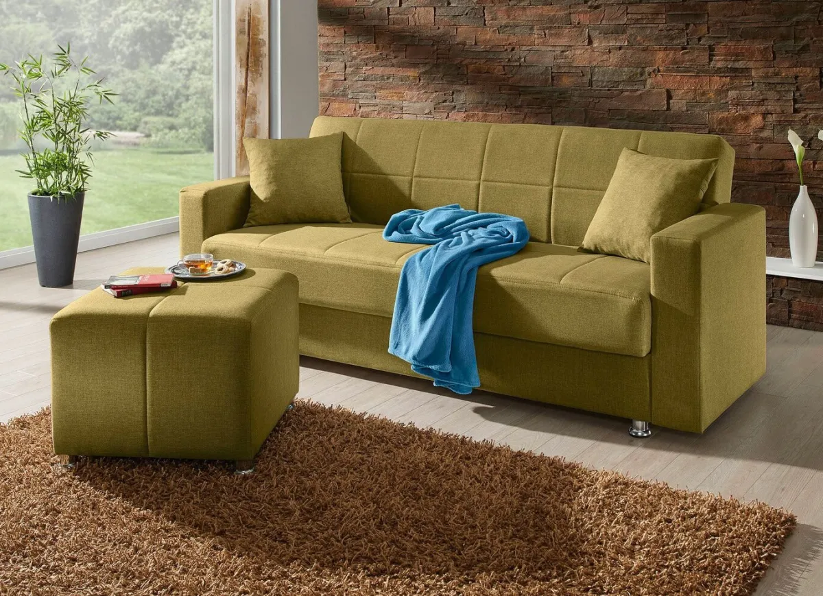 BADER Klick-Klack-Sofa mit Hocker und Dekokissen GRÜN