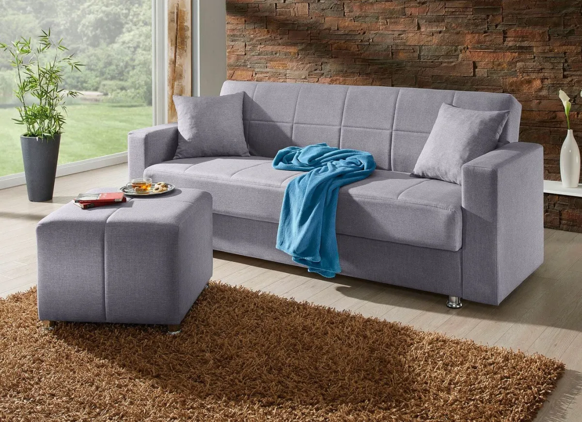 Sale BADER Klick-Klack-Sofa mit Hocker und Dekokissen GRAU