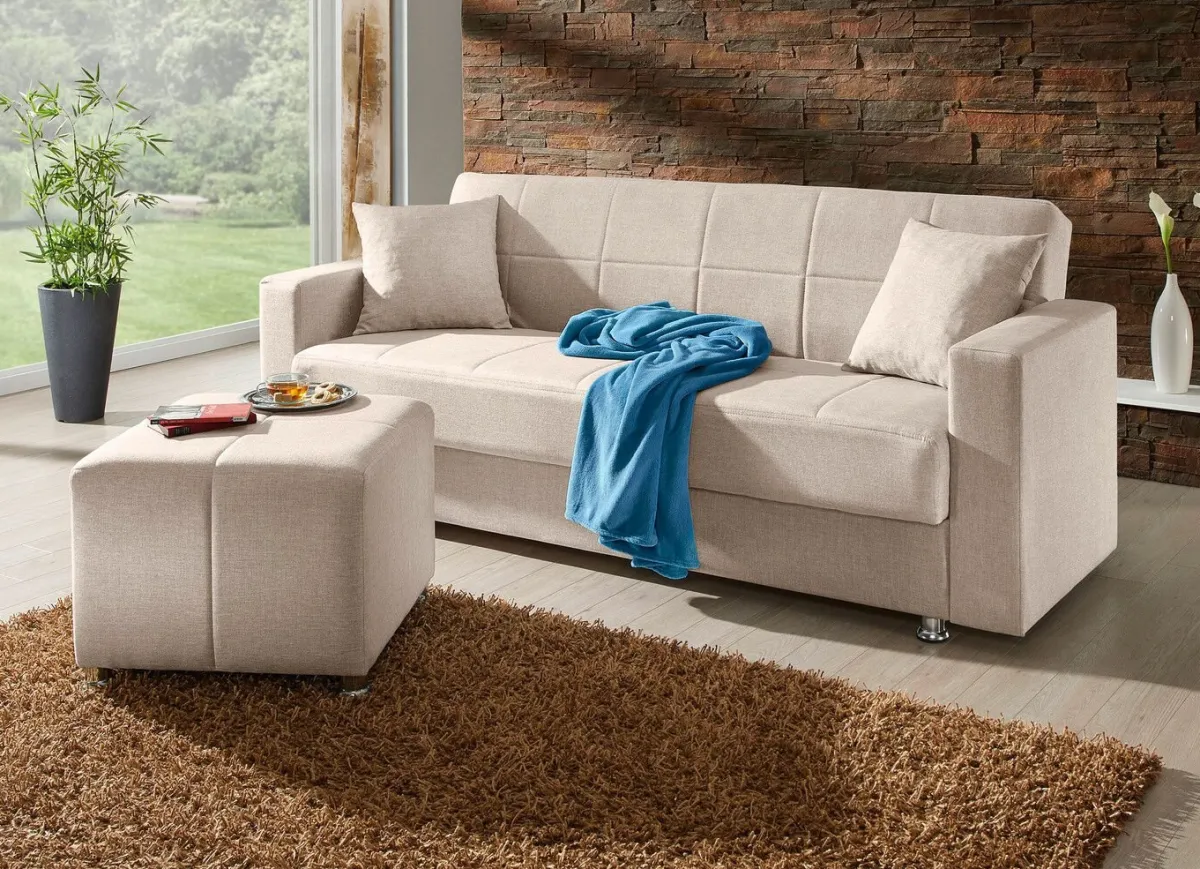 New BADER Klick-Klack-Sofa mit Hocker und Dekokissen BEIGE