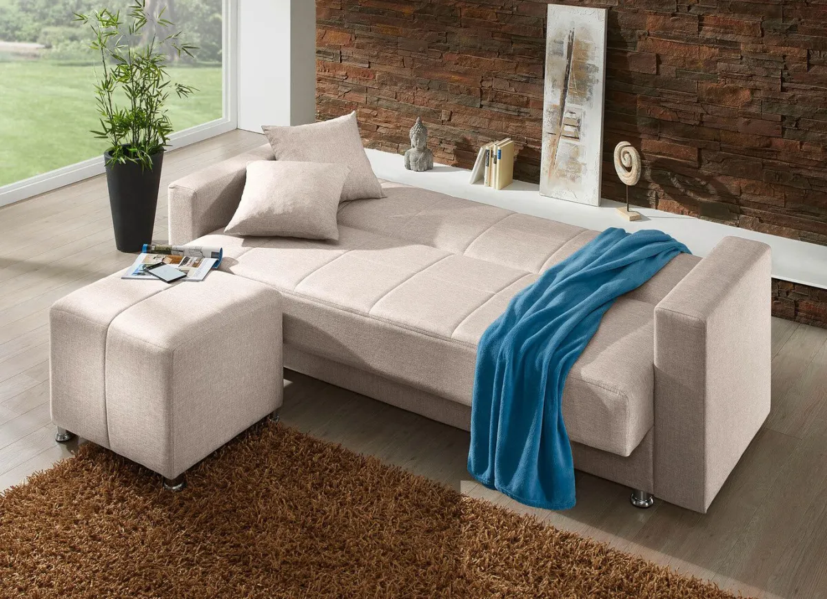 New BADER Klick-Klack-Sofa mit Hocker und Dekokissen BEIGE