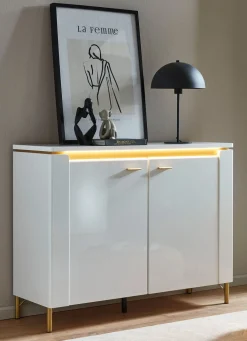 Clearance BADER Kommode mit LED-Beleuchtung und Softclose WEISS-GOLD