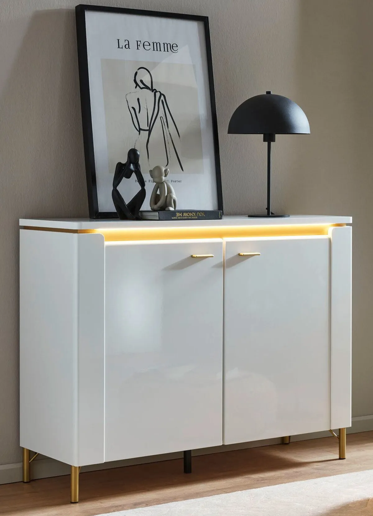 Clearance BADER Kommode mit LED-Beleuchtung und Softclose WEISS-GOLD