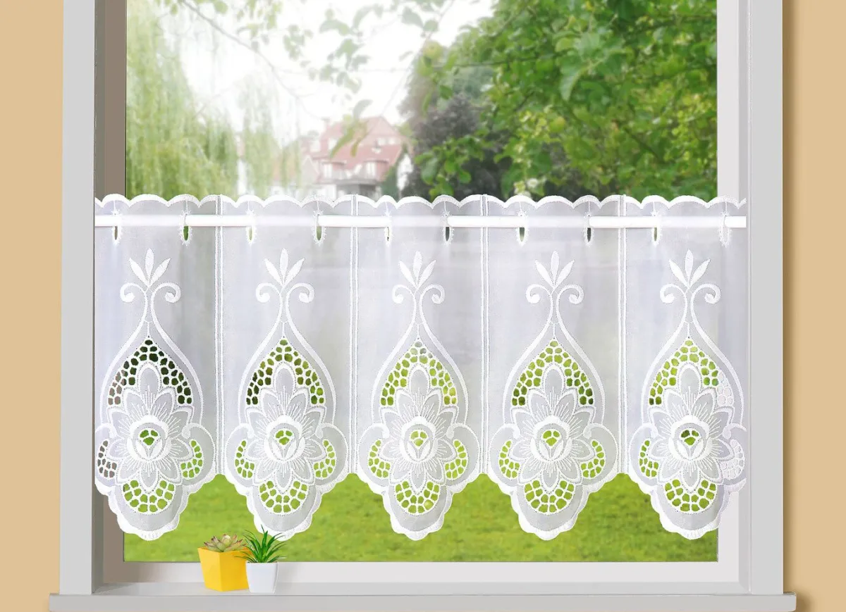 Clearance PLAUENER STICKEREI Kurzstore Blume mit Stangendurchzug WEISS