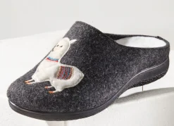 New BADER Kuschelwarme Hausschuhe mit Lama-Applikation ANTHRAZIT