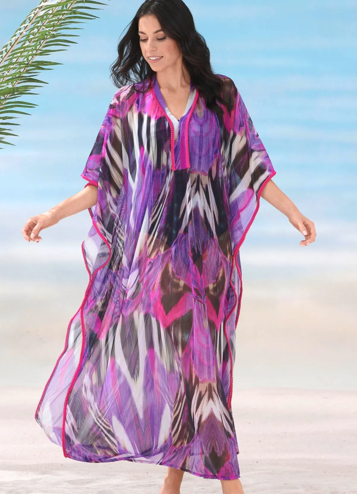 Hot LAURINA Kaftan, leicht transparent LILA-BUNT