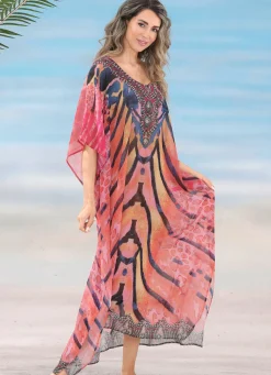 Sale LAURINA Kaftan mit Schmucksteinchen, leicht transparent KORALLE-BUNT