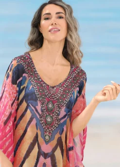Sale LAURINA Kaftan mit Schmucksteinchen, leicht transparent KORALLE-BUNT