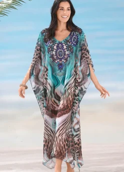 Sale LAURINA Kaftan mit Schmucksteinchen TÜRKIS-BRAUN