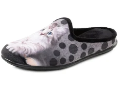 Clearance LAURINA , klassische Damen-Hausschuhe, mit Katzen-Motiv SCHWARZ-MULTICOLOR