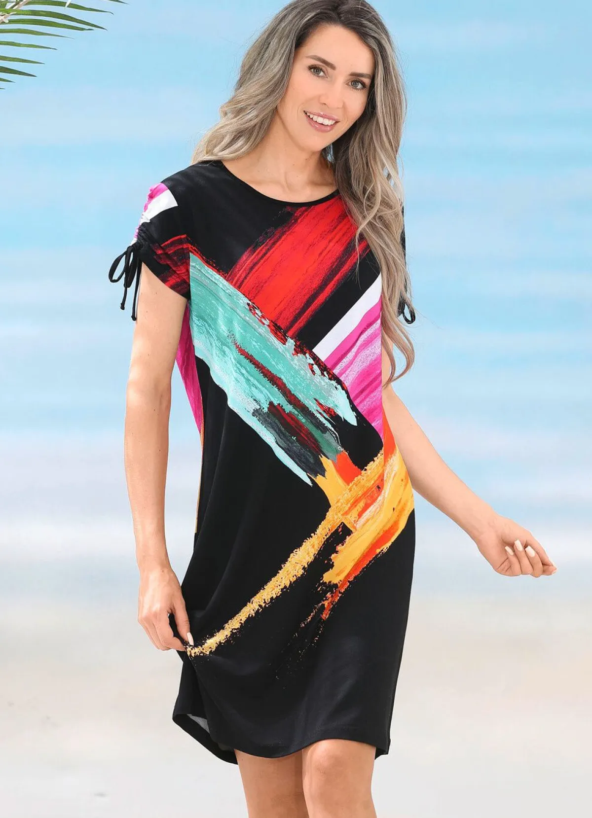 Discount LAURINA Kleid mit Druckdessin und raffbaren Ärmeln SCHWARZ-BUNT