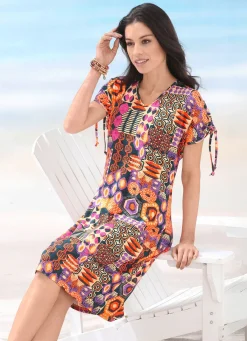 Best LAURINA Kleid mit farbbrillantem Druckdessin und kurzen Ärmeln ORANGE-BUNT