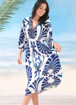 Outlet LAURINA Kleid mit farbbrillantem Druckdessin MARINE-WEISS
