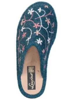 New LAURINA , leichte Damen-Hausschuhe, mit bunter Blüten-Stickerei BLAU