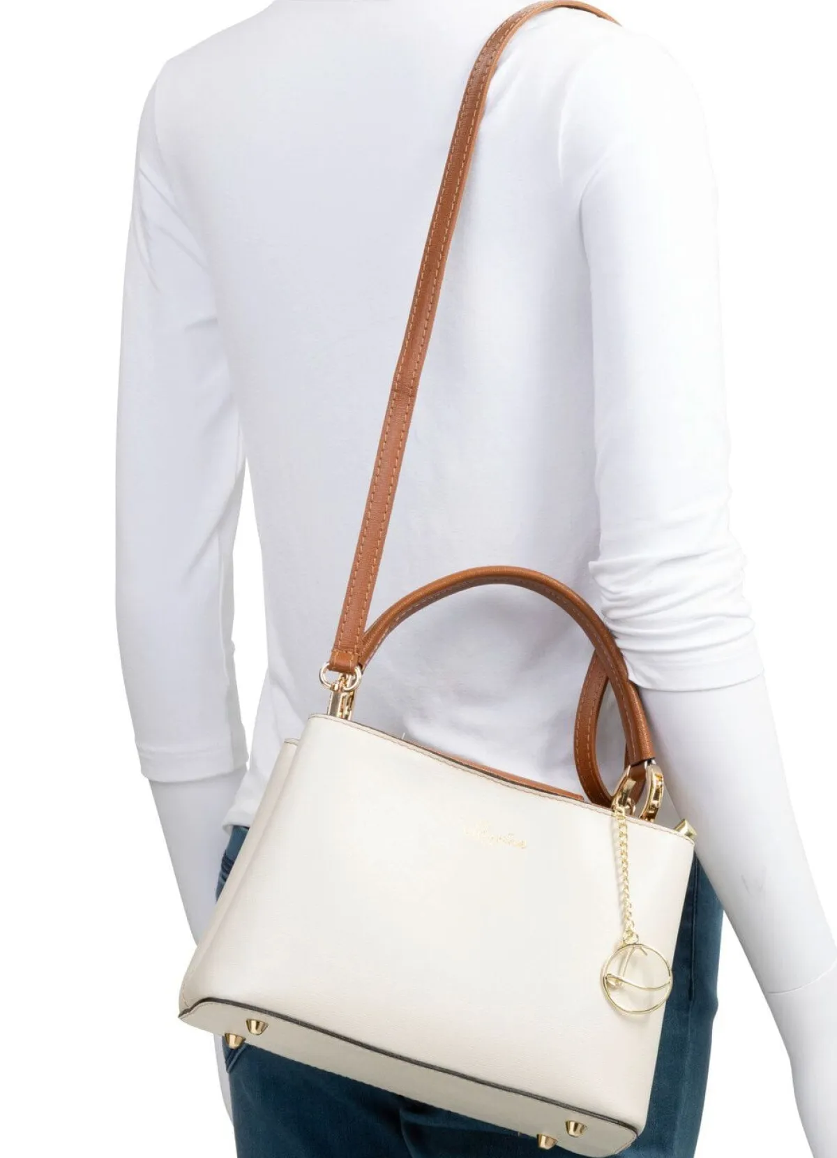 Outlet LAURINA , Mini-Tasche, Damen, mit abnehmbarem, verstellbarem Umhängeriemen CREME-COGNAC