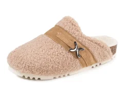 LAURINA Pantoffel aus weichem Plüsch mit Veloursbesatz SANDBEIGE