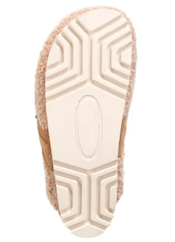 LAURINA Pantoffel aus weichem Plüsch mit Veloursbesatz SANDBEIGE