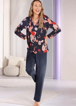 Discount LAURINA Schlafanzug, langer Hose mit Dehnbund MARINE-ORANGE-BUNT