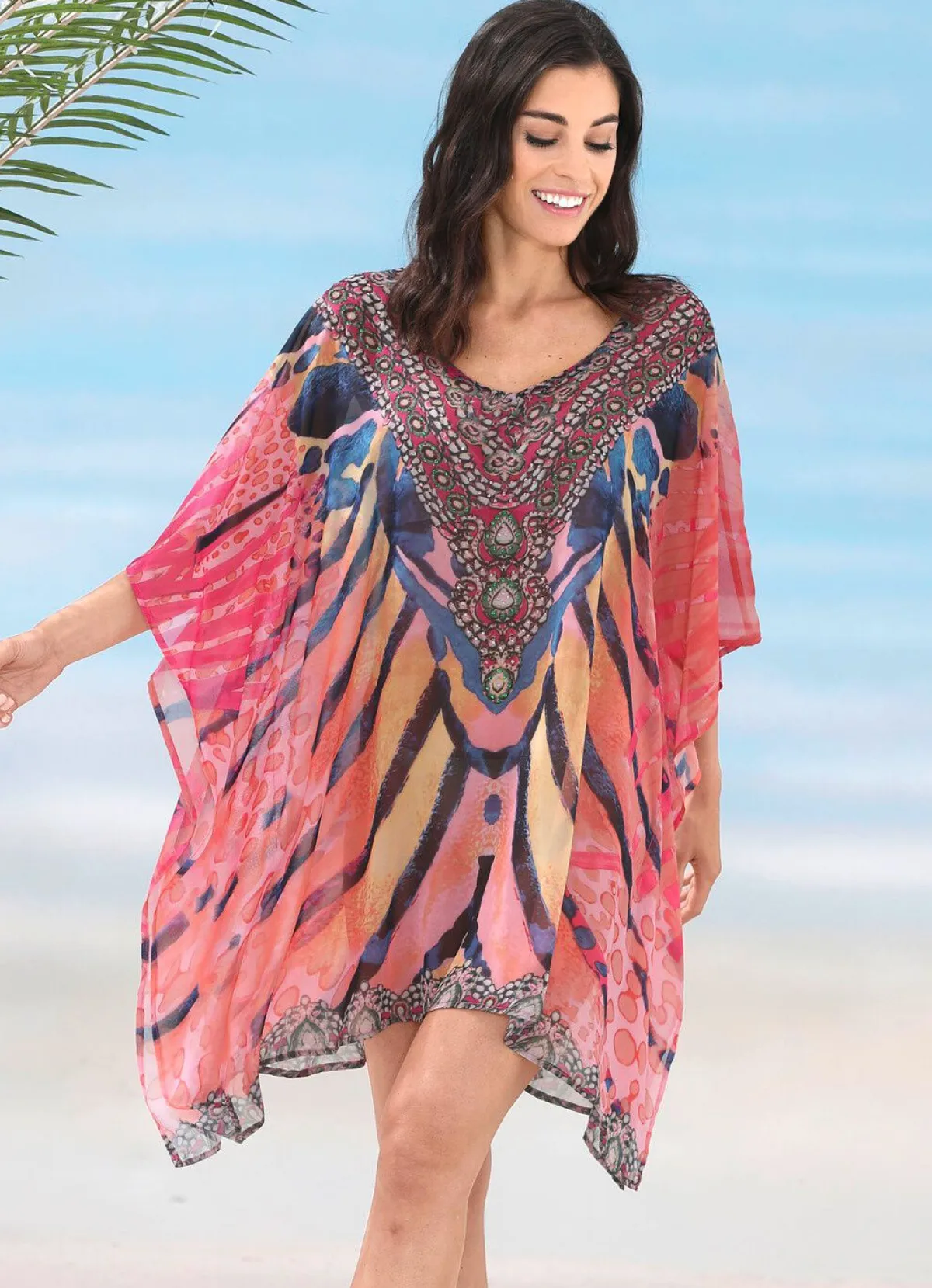 Clearance LAURINA Tunika mit Schmucksteinchen, leicht transparent KORALLE-BUNT